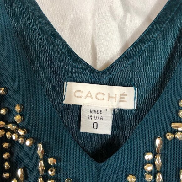 Cache Teal Green Gold Beaded Dress Size 0 - Picture 4 of 7